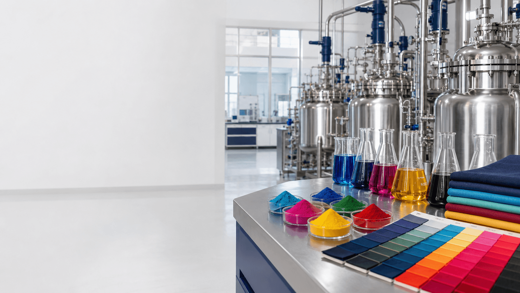 Reactive dye manufacturing lab with color shade samples and stainless processing equipment